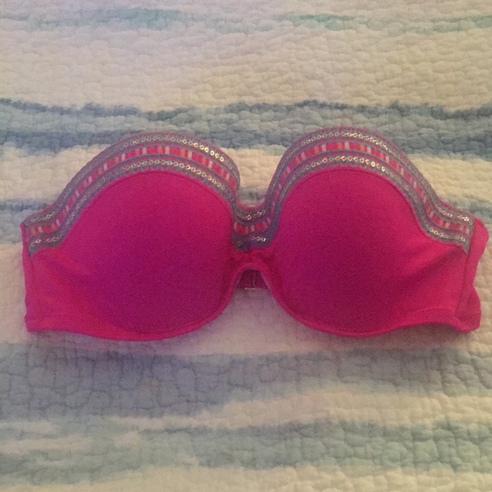 Fuscia strapless bikini top with sequins detail